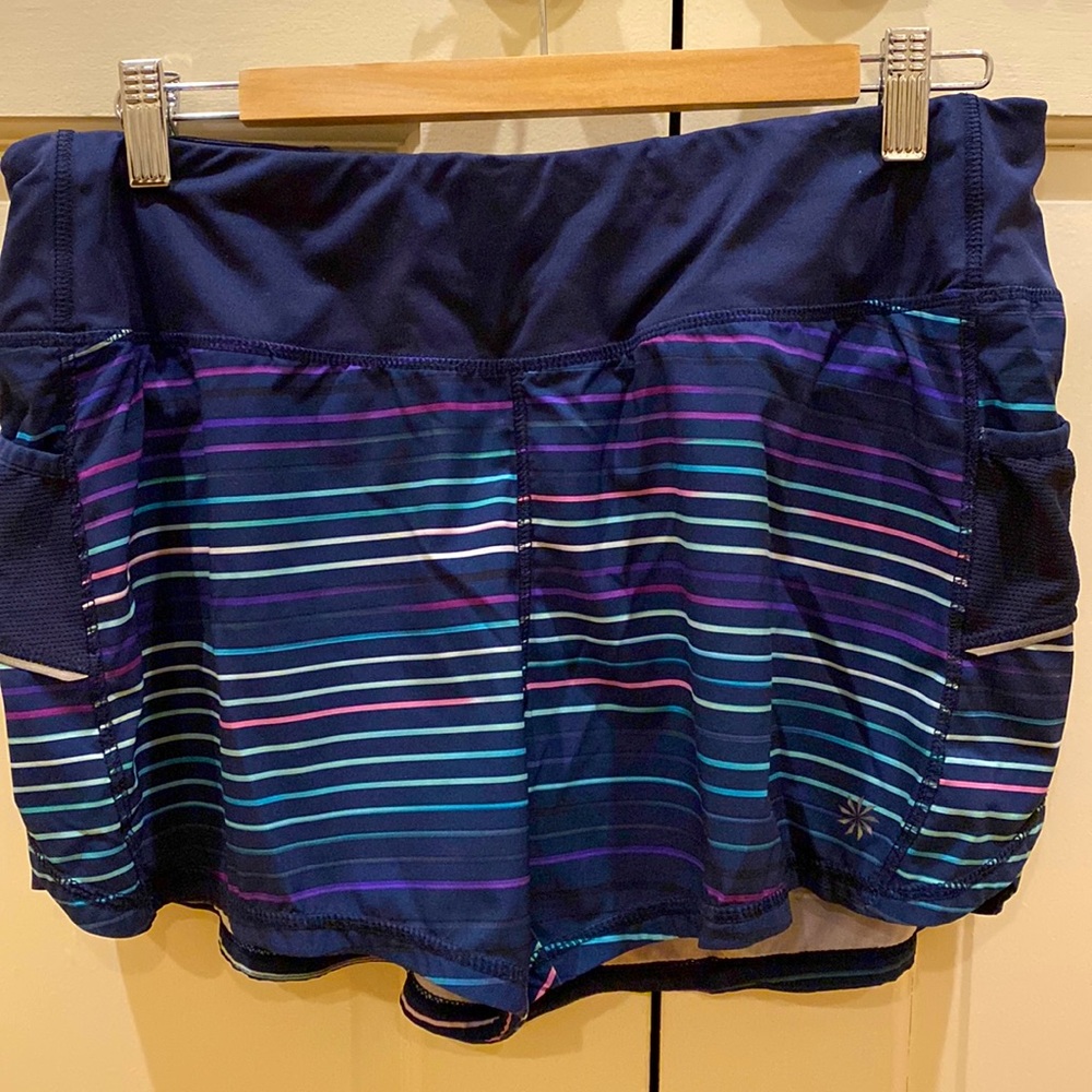 Athleta running/athletic shorts, navy with stripes, size L